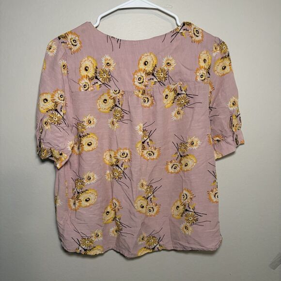 Madewell Plaza Dandelion Button Front Top Floral Blouse Linen Blend Pink Women M - Picture 2 of 6